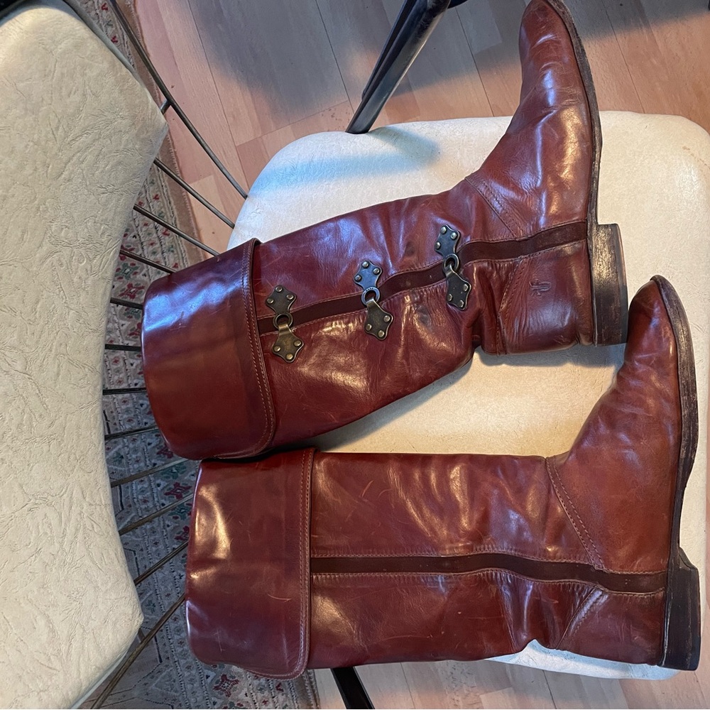 Frye high cognac buttery soft worn leather boots with metal decor